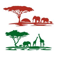 the silhouettes of different animals are shown in three different colors, including elephants and giraffes