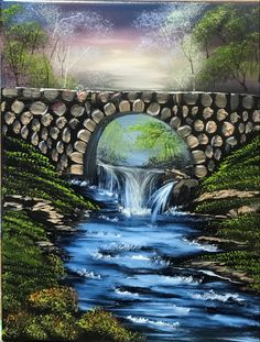 a painting of a stone bridge over a river with a waterfall and trees in the background