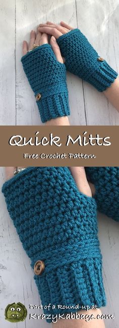 a pair of blue knitted mitts with buttons