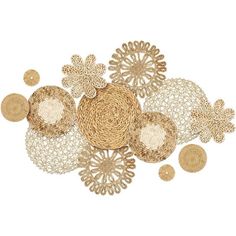 an assortment of woven doily on white background