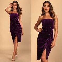 Lulus Glamorous Celebrations Dark Purple Velvet Strapless Tulip Dress New With Tags. Grab A Glass Of Bubbly And Get Ready To Celebrate All Night In The Lulus Glamorous Celebrations Dark Purple Velvet Strapless Tulip Dress! Slightly Stretchy Velvet Shapes This Luxe Dress That Has A Strapless Neckline (With No-Slip Strips) And A Boning-Supported Bodice. A High Waist Tops An Overlapping Tulip Skirt That Ends At A Knee-Grazing Hem. Hidden Back Zipper/Clasp. Smoke Free Home Pet Free Home Ship Same Da Luxe Dress, Tulip Skirt, Strapless Neckline, Tulip Dress, Purple Velvet, Dark Purple, Night In, Black Tie, Date Night