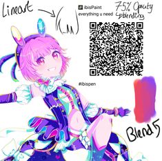 an anime character with pink hair and blue eyes, sitting on a white surface next to a qr code