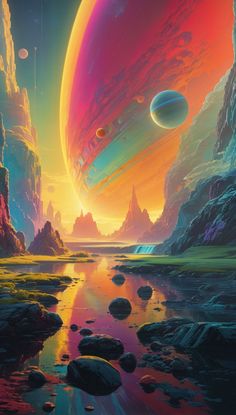 an artist's rendering of planets in the sky with rocks, water and mountains