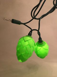 two green lights hanging from a black cord