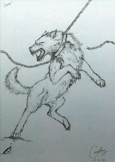 a drawing of a wolf with a leash on its back and mouth open, running