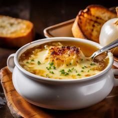 a bowl of soup with bread on the side