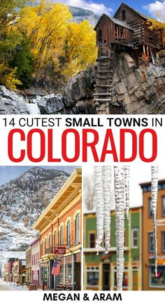 an advertisement for a small town in colorado with pictures of buildings, trees and mountains