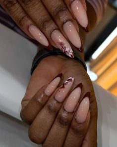 PRIV NAIL TECH ACCRA on Instagram Maroon Nail Inspo Acrylic, Brown And Rose Gold Nails, Nail Art Complicated, Marble Acrylic Nail Designs, Brown Nail Designs Almond, Brown Marble Nails Design, Brown Nails Almond Shape, Milky Brown Nails, Nails Brown And Pink