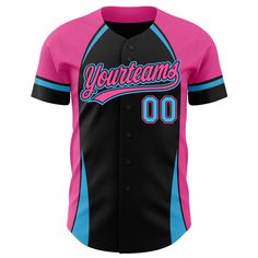 Custom Black Sky Blue-Pink 3D Pattern Design Curve Solid Authentic Baseball Jersey 3d Pattern Design, Baseball Jersey Men, Design Jersey, Pink 3d, Black Sky, Blue Football, 3d Pattern, Number 3, Baseball Shirts