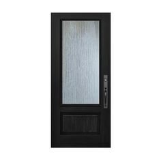 a black door with frosted glass on the top and bottom panel, in front of a white background