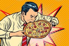 a man with a pizza in his hand, pop art retro comic illustration on yellow background