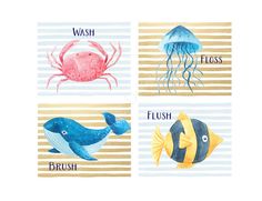 four watercolor paintings of different types of fish and sea animals with words written on them