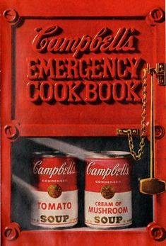 an advertisement for campbell's soup on the side of a red box with two cans