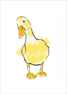 a drawing of a yellow duck standing on one leg and looking at the camera with its head turned to the side