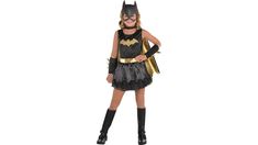 DC Comics New 52 Girls Batgirl Costume includes: Dress Mask Cape Gauntlets Officially licensed Warner Bros. DC Comics costume. More on DC Comics New 52 Girls Batgirl Costume: Barbara Gordon is back! With a Batgirl Costume for girls your little one is ready for action. Inspired by her outfit in the DC Comics New 52 revamp this Batgirl dress is black with gold logo detailing and a gold belt. The skirt of the dress has a shiny satin scalloped peplum overlaying a black tulle skirt. The cape also has a scalloped hem and features a metallic gold interior that she can show off when she spreads her arms. She can use the glitter molded vinyl Batgirl mask to conceal her identity. The black gauntlets with gold barbs are the perfect finishing touch for this DC Comics New 52 costume. The mask gauntlets Batgirl Mask, Black Tulle Skirt, Dc Comic Costumes, Batgirl Costume, Costume For Girls, Tulle Skirt Black, Barbara Gordon, New 52, Gold Belt