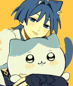 an anime character holding a cat in her arms