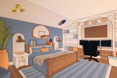 Pastel Bloxburg House Layout, Cute Bedroom Ideas In Bloxburg, Pool Ideas In Bloxburg, Room Ideas Bloxburg Teen, Parents Room Bloxburg, Boys Bedroom Ideas Bloxburg, Boys Bloxburg Room, Bloxburg Daycare Ideas Exterior