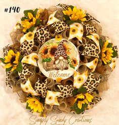 sunflowers and leopard print wreath with welcome sign