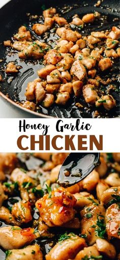 two pictures of chicken being cooked in a skillet with the words 25 minute honey garlic chicken