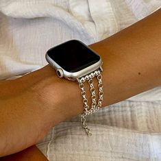 Formal Wear Sterling Silver Apple Watch Bracelet - Perfect For Day In The Office & Night Out! Sterling silver is entirely hypoallergenic and can be a brilliant option for those who suffer from skin reactions. Pure silver is entirely hypoallergenic, however is often too soft to use in jewelry. This is why sterling silver, also known as 925 silver, is very popular for jewelry, as it contains 7.5% other alloys. For the most part sterling silver uses copper as its alloy, as copper itself is also a h Silver Apple Watch Band, Silver Apple Watch, Silver Apple, Apple Watch Bracelets, Watch Women's, Smart Jewelry, Watch Jewelry, Bracelet Apple Watch, 38mm Apple Watch Band