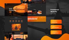 an orange and black website design for a music band, with multiple images on it