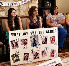 three women sitting on a couch holding a sign that says what age was the bride?