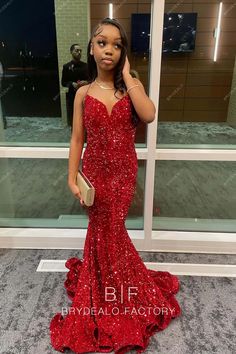 Red Sequins Shimmery Strapless Plunging Mermaid Prom Dress