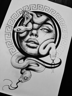 a drawing of a woman's face with snakes around her head and the moon above it