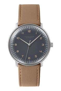 Junghans Max Bill Automatic Watch. Beige leather strap with dark gray face. Polished Stainless Steel, Automatic Watch, Leather Watch, Leather Straps, Stainless Steel