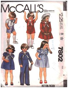 McCall's 7802 Toddlers Dress, Shirt, Pants, Shorts Size: 6 or 1 Uncut Sewing Pattern https://pattern-walk.com/product/mccalls-7802-toddlers-dress-shirt-pants-shorts-size-6-uncut-sewing-pattern/ Pattern-Walk Girls Sailor Dress, Playsuit Pattern, Mccalls Patterns Dress, Buttoned Dress, Sailor Shirt, Childrens Sewing Patterns, Sailor Style, Vintage Toddler, Sailor Suit