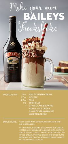 an advertisement for bailey's chocolate milkshake, with the recipe below it