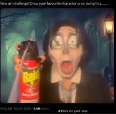 an animated image of a man holding a spray bottle in front of his face with the caption, new art challenge draw your favorite character or doing this