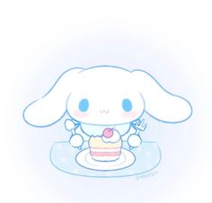 a drawing of a bunny holding a piece of cake