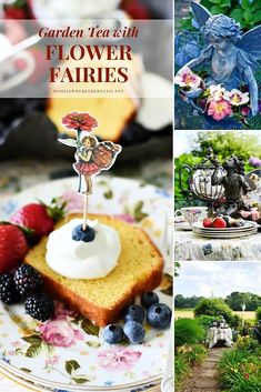 garden tea with flower fairies is featured in this collage, including cakes and fruit