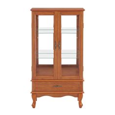 a wooden display cabinet with glass doors and drawers on the bottom shelf, against a white background