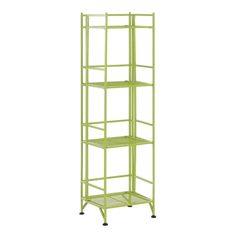 a green metal shelf unit with four shelves