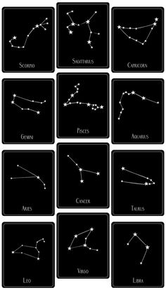 twelve zodiac signs in black and white, with the names of their major constellations