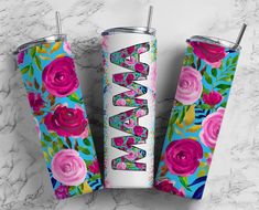 three floral tumbles with the word hawaii printed on them, sitting next to each other