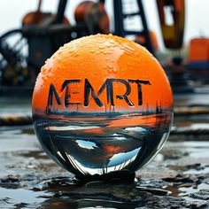 an orange with the word merrt painted on it is sitting in front of some machinery