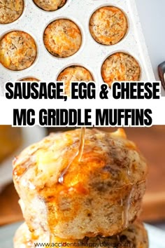 sausage egg and cheese muffins are stacked on top of each other