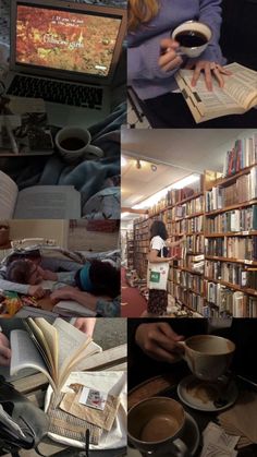 there are many different pictures of people reading books and drinking coffee in the same room