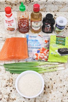 ingredients to make salmon and rice dish laid out on a counter