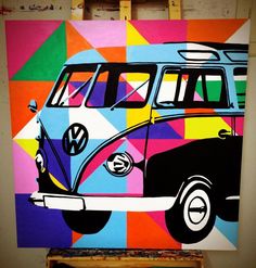 a painting of a vw bus is on display in front of a multi - colored background