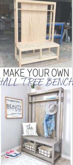 two pictures with the words make your own hall tree bench