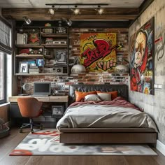 an industrial bedroom with brick walls and lots of artwork on the wall, along with a leather bed