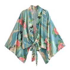 WickedAF Green / XL Rocio Kimono Kimono Wrap Top, Summer Beach Shorts, Floral Print Kimono, Boho Festival Fashion, Bohemian Blouses, Kimono Wrap, Short Kimono, Boho Kimono, Vintage Floral Print