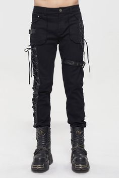 Mens Faux Leather Lace Up Pants, Punk Style Leather Pants For Fall, Rocker Style Black Pants For Alternative Fashion, Rocker Black Pants For Alternative Fashion, Black Rocker Pants For Alternative Fashion, Black Rocker Bottoms For Alternative Fashion, Gothic Winter Bottoms For Concert, Punk Style Pants With Rivets For Concerts, Punk Pants With Rivets For Alternative Fashion