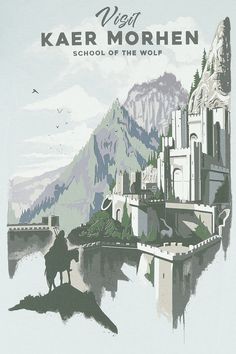 a poster with a man riding a horse on the side of a river next to a castle