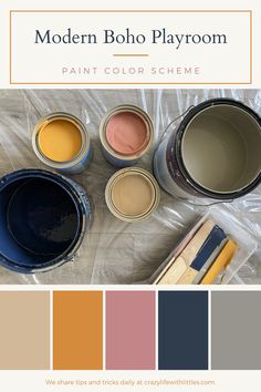 some paint colors are being used to create this modern boho playroom color scheme