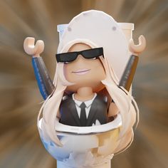 a cartoon character with sunglasses and a hat holding two swords in his hands, while wearing a suit and tie